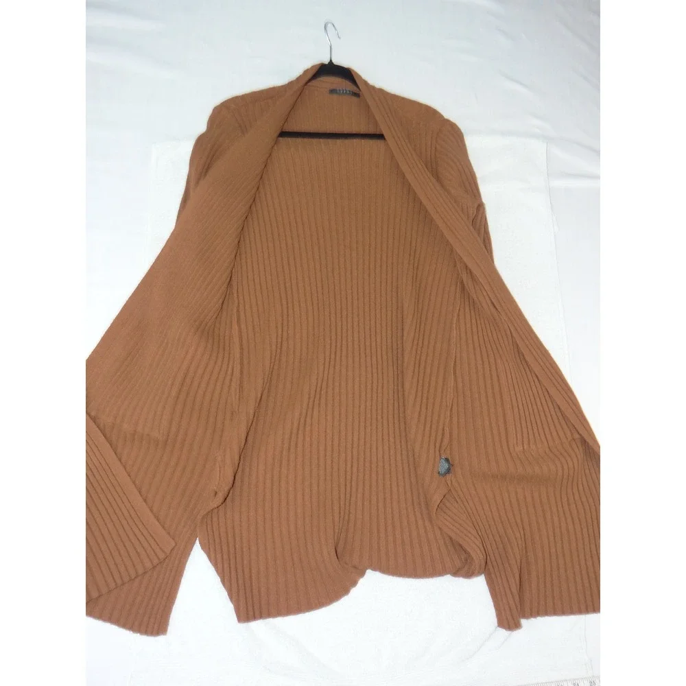 Cyrus Womens Ribbed Longline Open Front Cardigan Brown Pockets Size L 3880